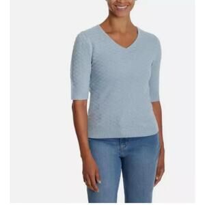 Ella Moss Women's V-Neck Elbow Sleeves Sweater, Light Blue Size M. BN